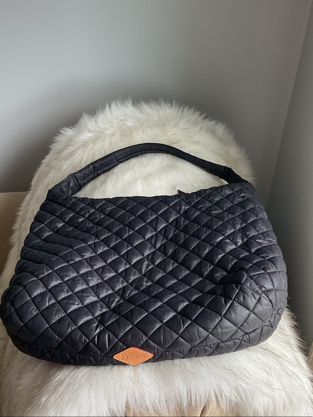 MZ Wallace Black Quilted Shoulder Bag with Tan Logo Patch